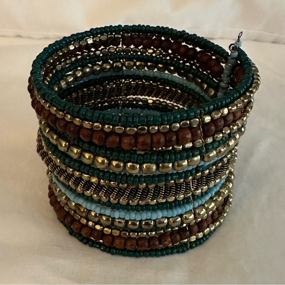Handmade Beaded Cuff Bracelet Stretchy Boho Indie 2 inches wide Gold Green Blue